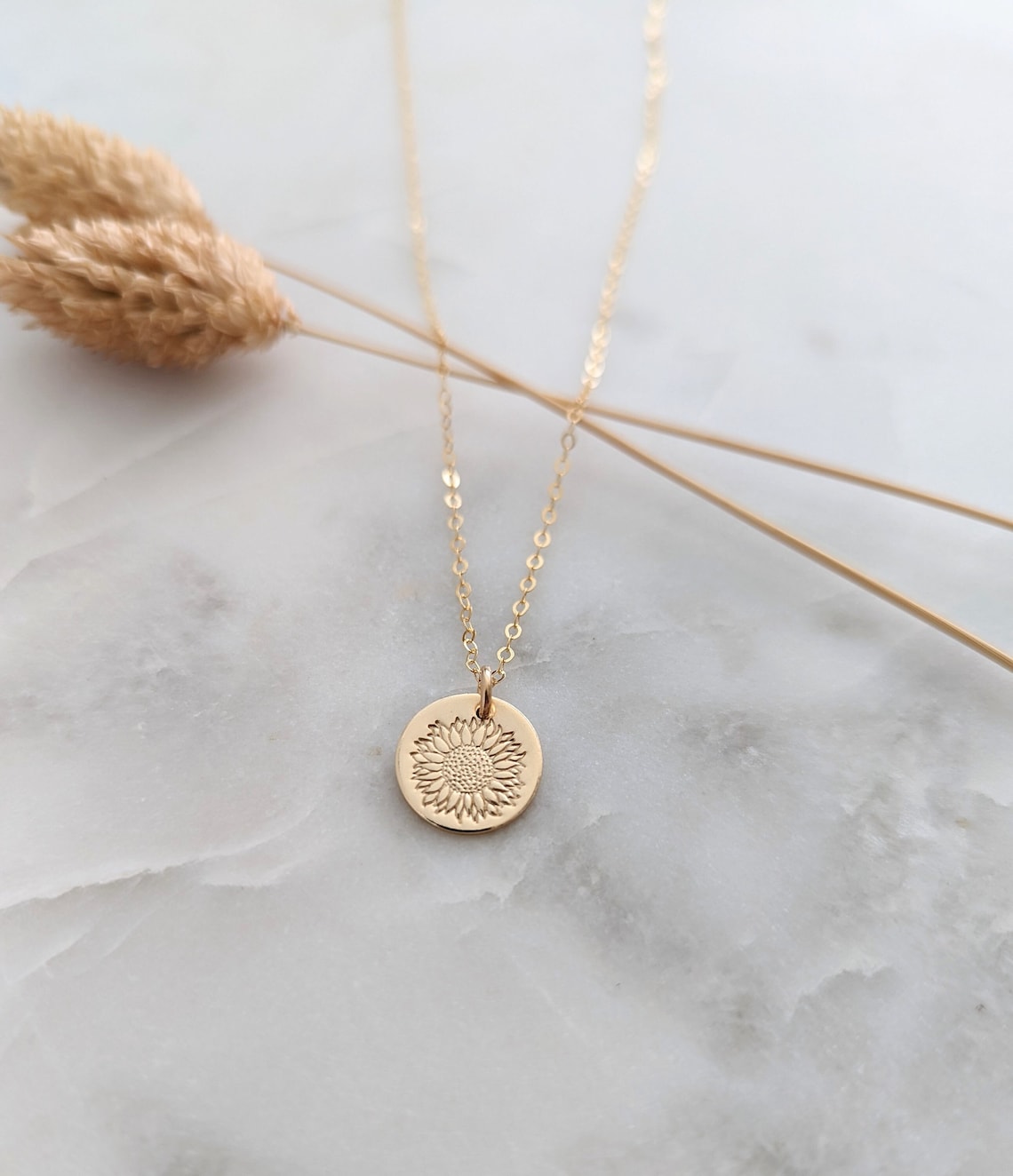 Simple Sunflower Stem Necklace | Sterling Silver or 14k Gold