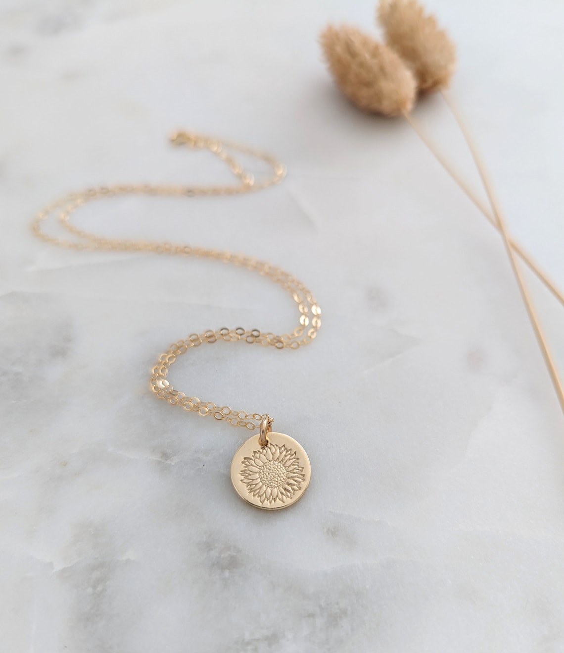 Simple Sunflower Stem Necklace | Sterling Silver or 14k Gold