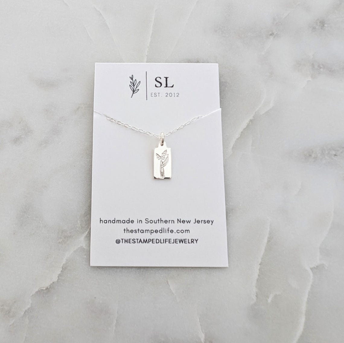 Silver Birth flower Charm Necklace, Tiny Tag Necklace, Solid Sterling Silver