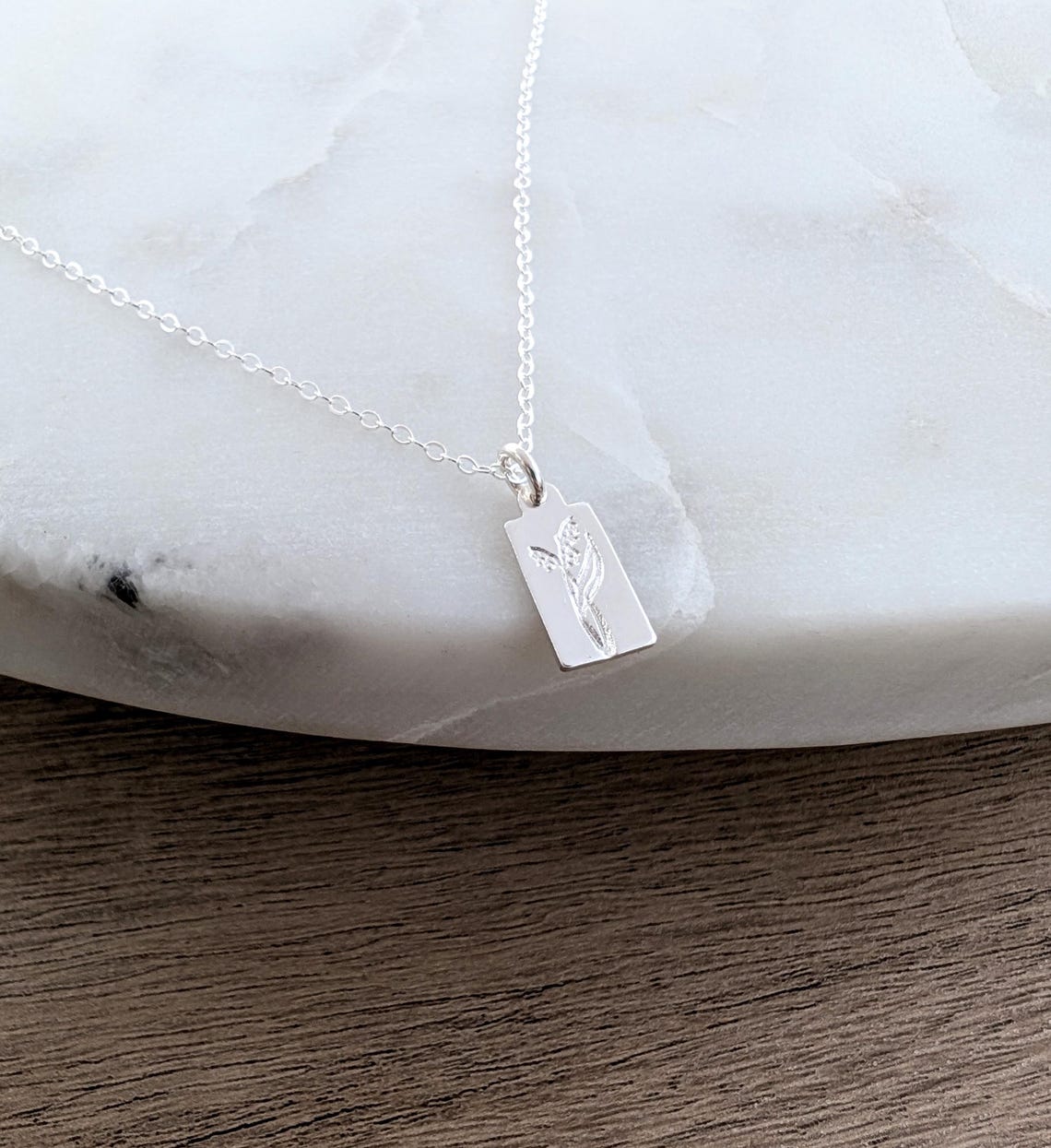 Silver Birth flower Charm Necklace, Tiny Tag Necklace, Solid Sterling Silver