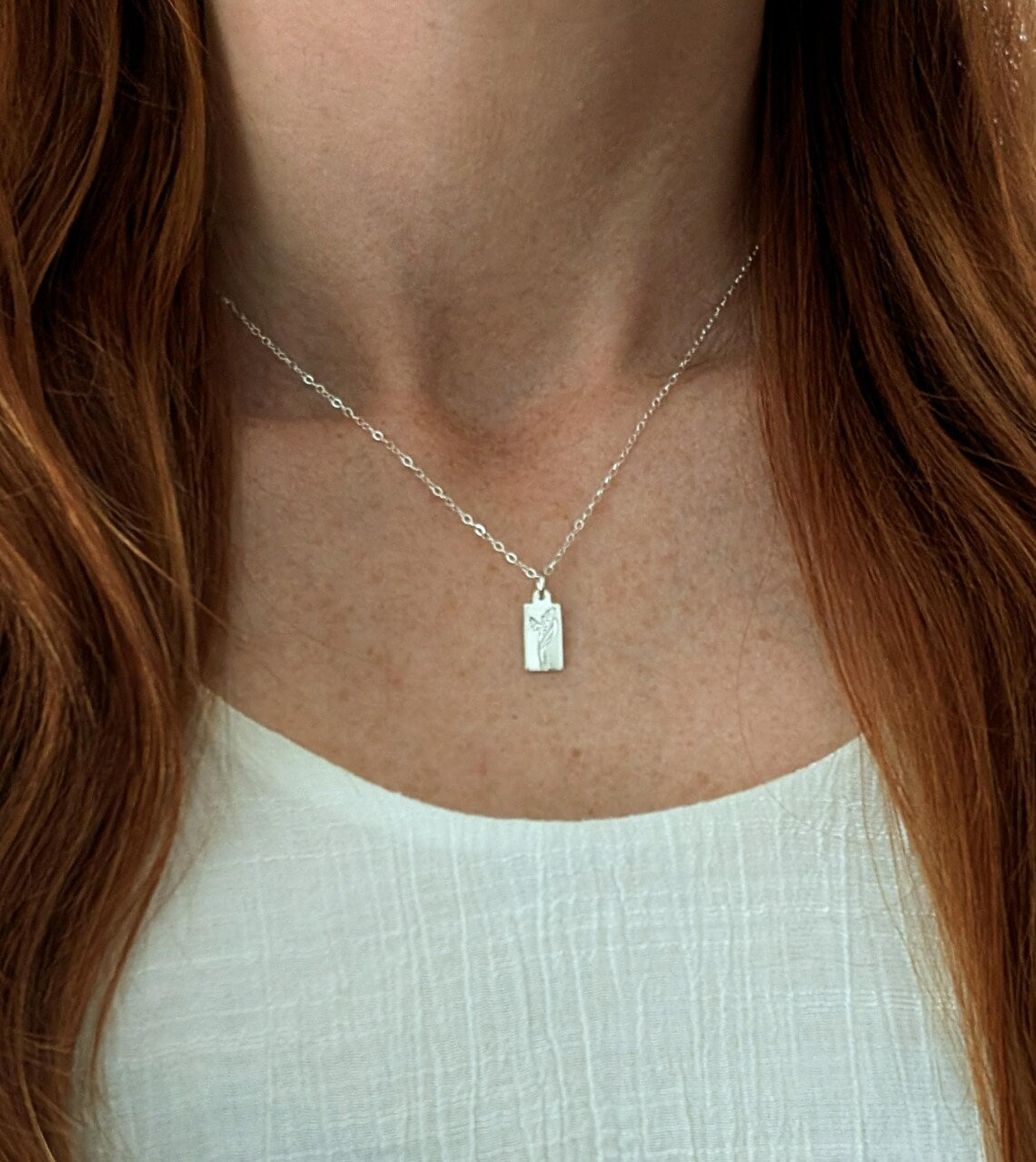 Silver Birth flower Charm Necklace, Tiny Tag Necklace, Solid Sterling Silver