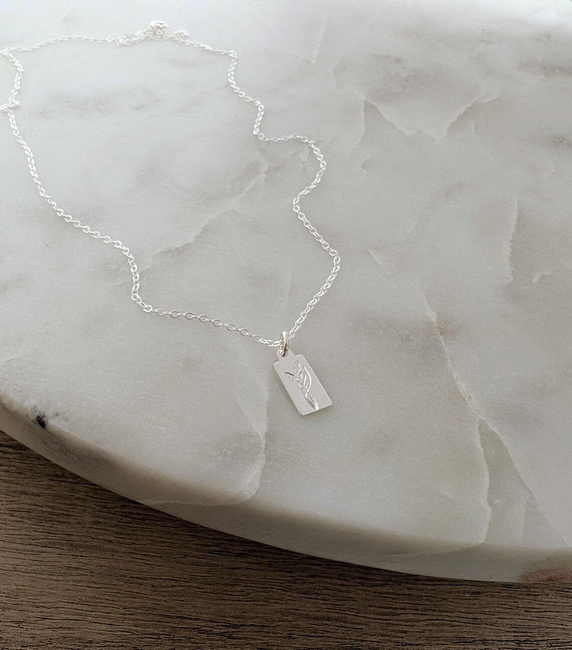 Silver Birth flower Charm Necklace, Tiny Tag Necklace, Solid Sterling Silver