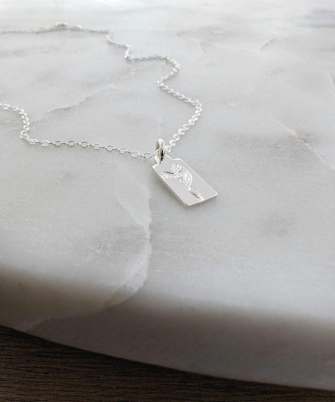 Silver Birth flower Charm Necklace, Tiny Tag Necklace, Solid Sterling Silver