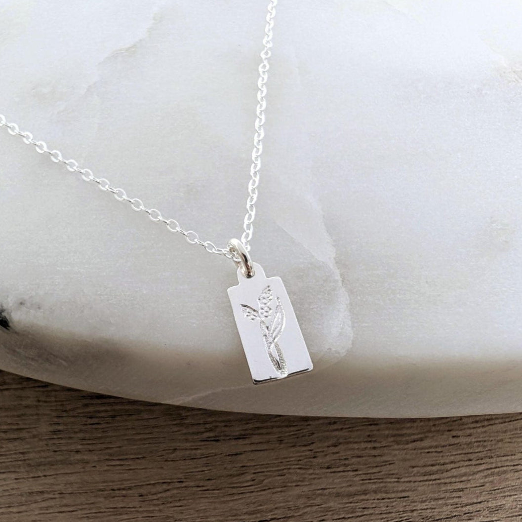 Silver Birth flower Charm Necklace, Tiny Tag Necklace, Solid Sterling Silver