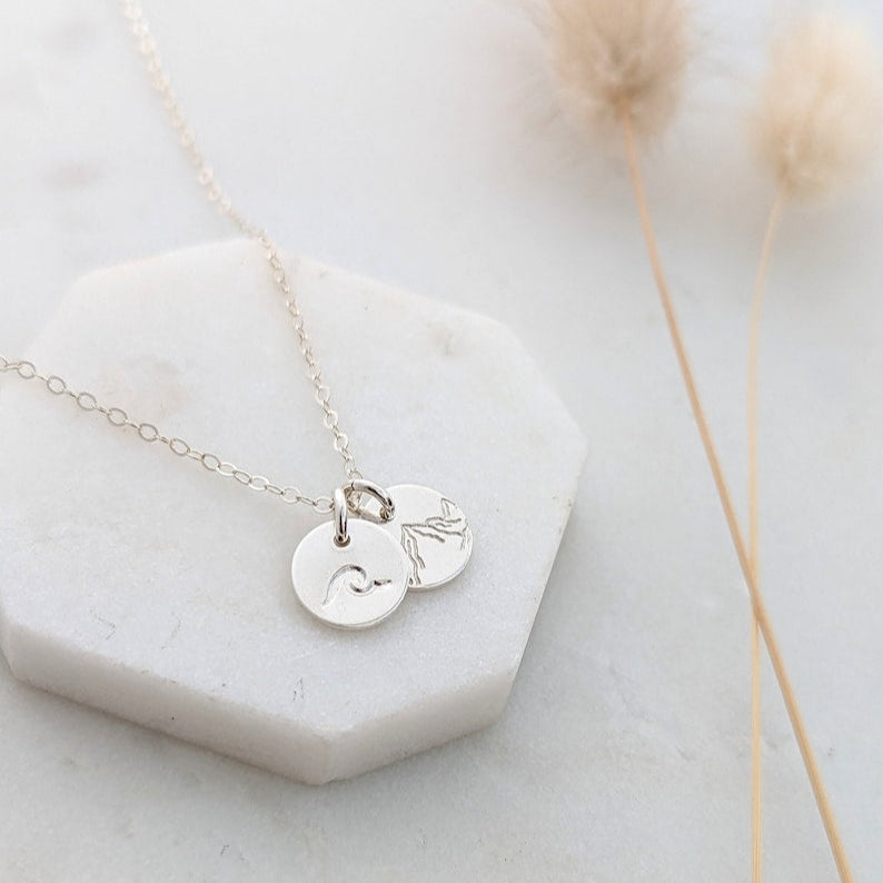 Tiny Wave and Mountain Charm Necklace, Dainty Gold Necklace, Gold Mountain Necklace, The Stamped Life