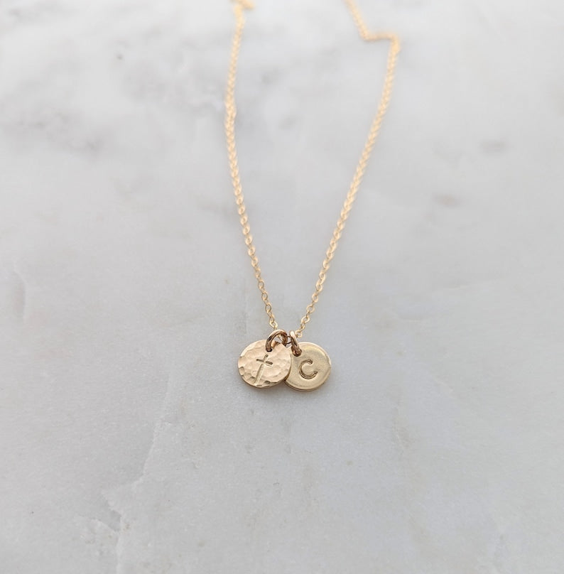 Tiny Cross and Initial Necklace | Sterling Silver or 14k Gold Fill