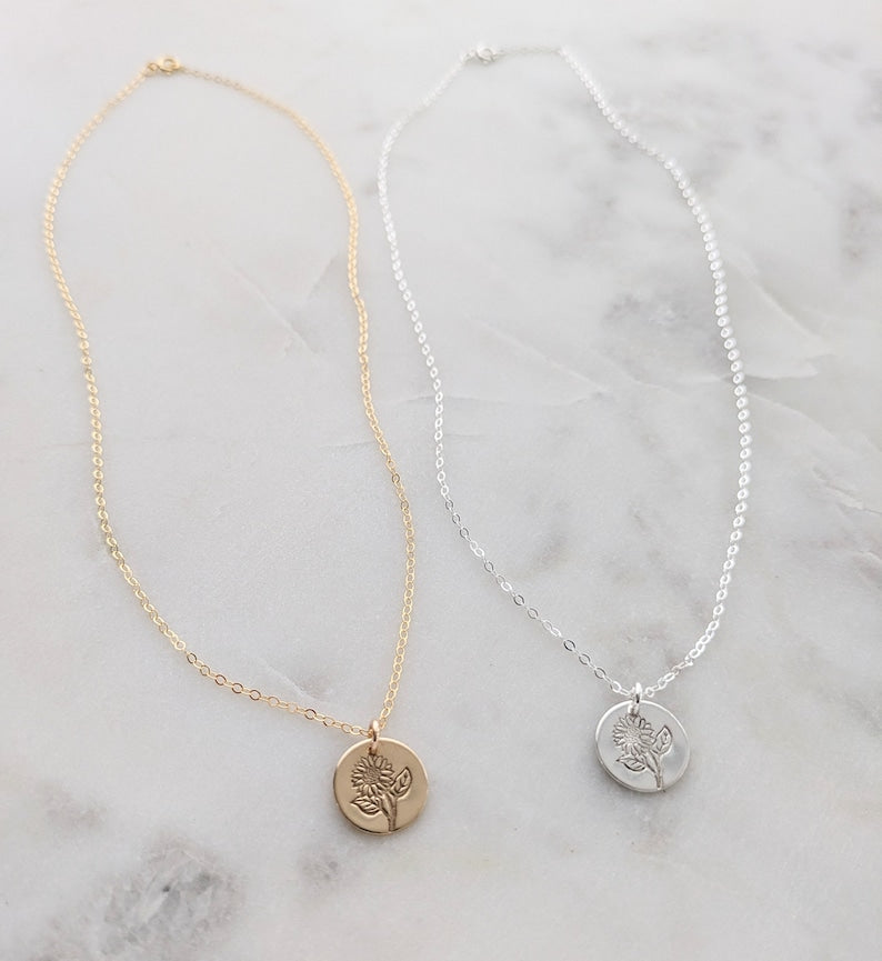 Sunflower Stem Necklace | Sterling Silver or 14k Gold