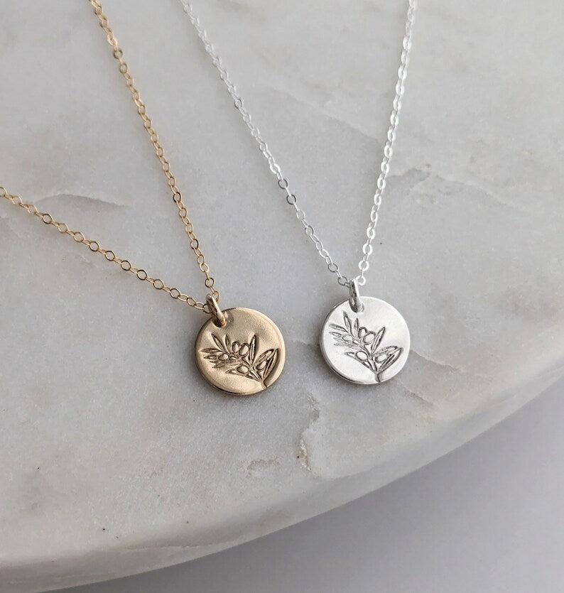Olive Branch Necklace, Sterling Silver or 14k Gold Fill