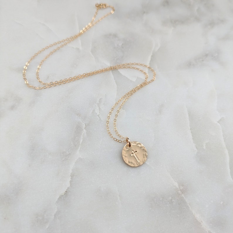 Cross Disc Necklace, Hammered Cross Necklace, Sterling Silver or 14k Gold Fill