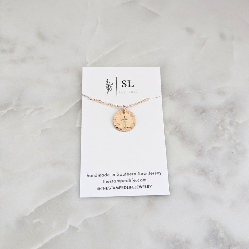 Cross Disc Necklace, Hammered Cross Necklace, Sterling Silver or 14k Gold Fill