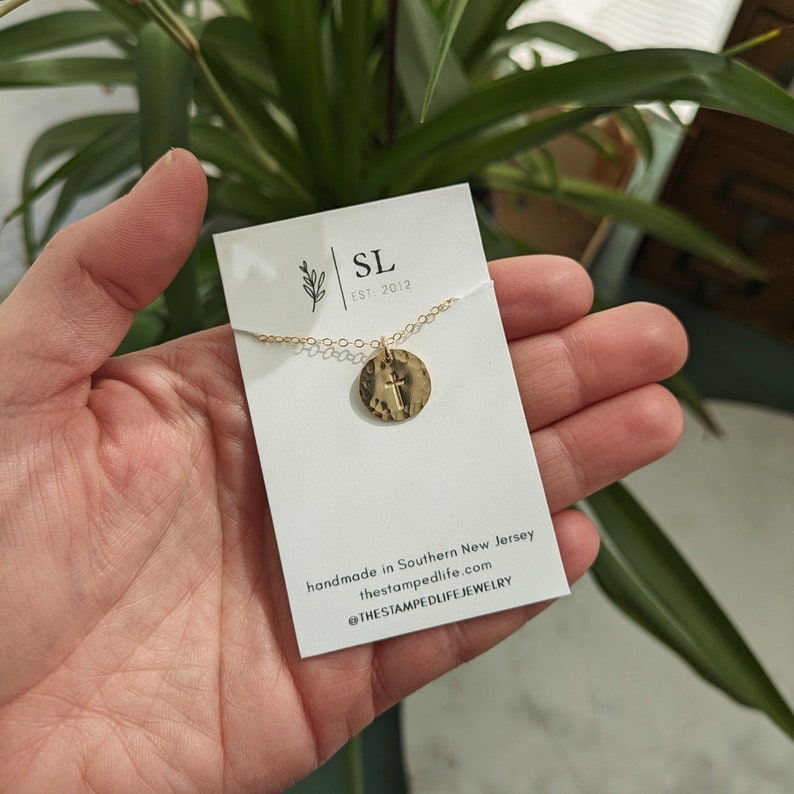 Cross Disc Necklace, Hammered Cross Necklace, Sterling Silver or 14k Gold Fill