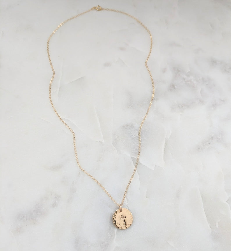 Cross Disc Necklace, Hammered Cross Necklace, Sterling Silver or 14k Gold Fill