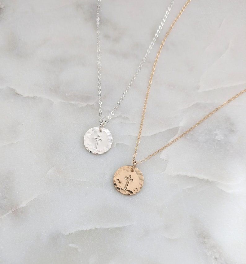 Cross Disc Necklace, Hammered Cross Necklace, Sterling Silver or 14k Gold Fill