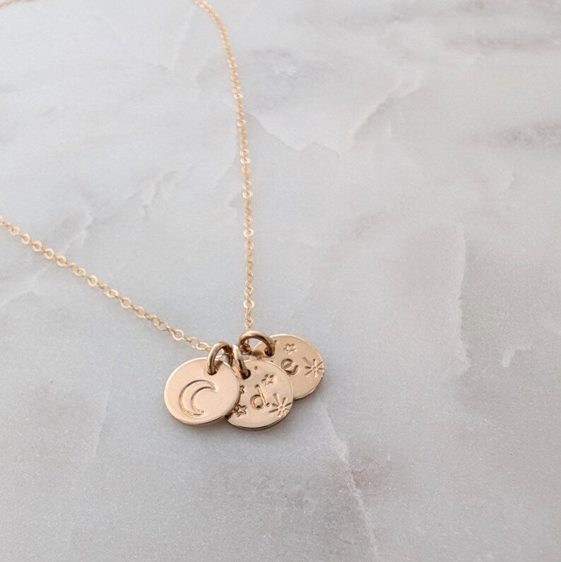 Moon and Stars Necklace, Personalized Initial Pendants, Custom Celestial Jewelry, 14k Gold Fill