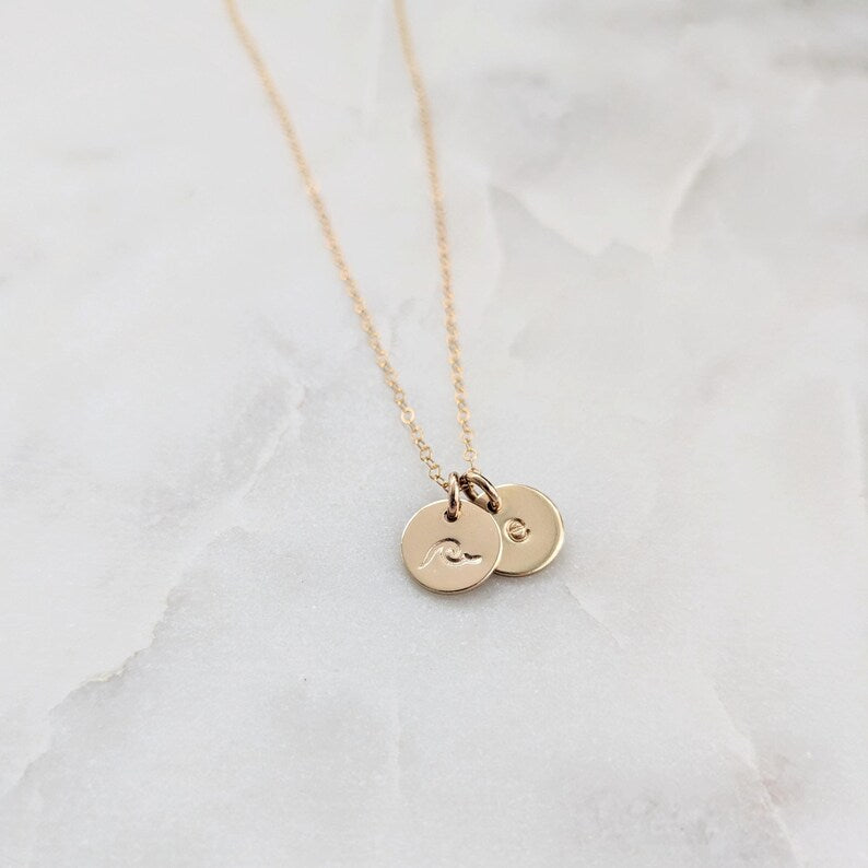 Wave Initial Necklace | Personalized Initial Disc | Dainty Gold Necklace
