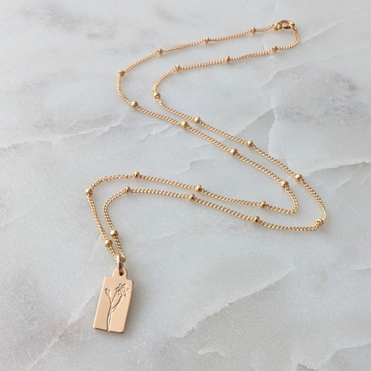 Tiny Custom Birth Flower Necklace, Tiny Tag Charm Necklace, 14k Gold Fill