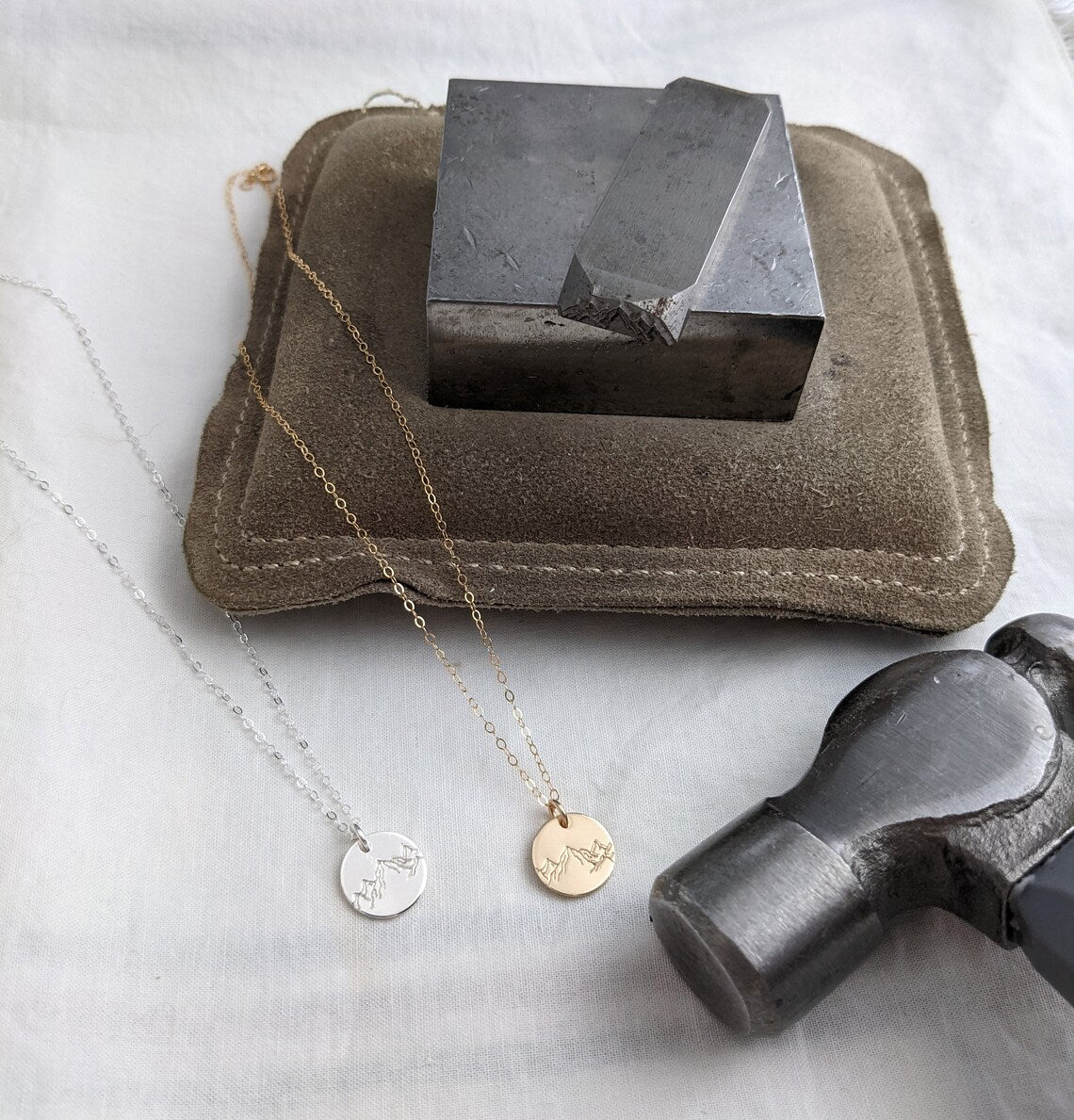 Mountain Disc Necklace, Mountain Charm Necklace, Dainty Necklace, Nature Lover Gift