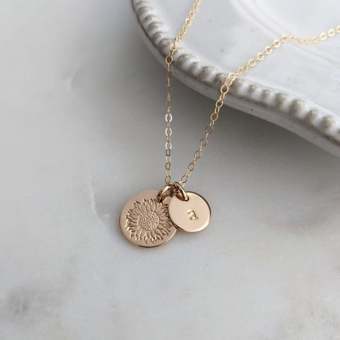 personalized gold sunflower necklace with initial