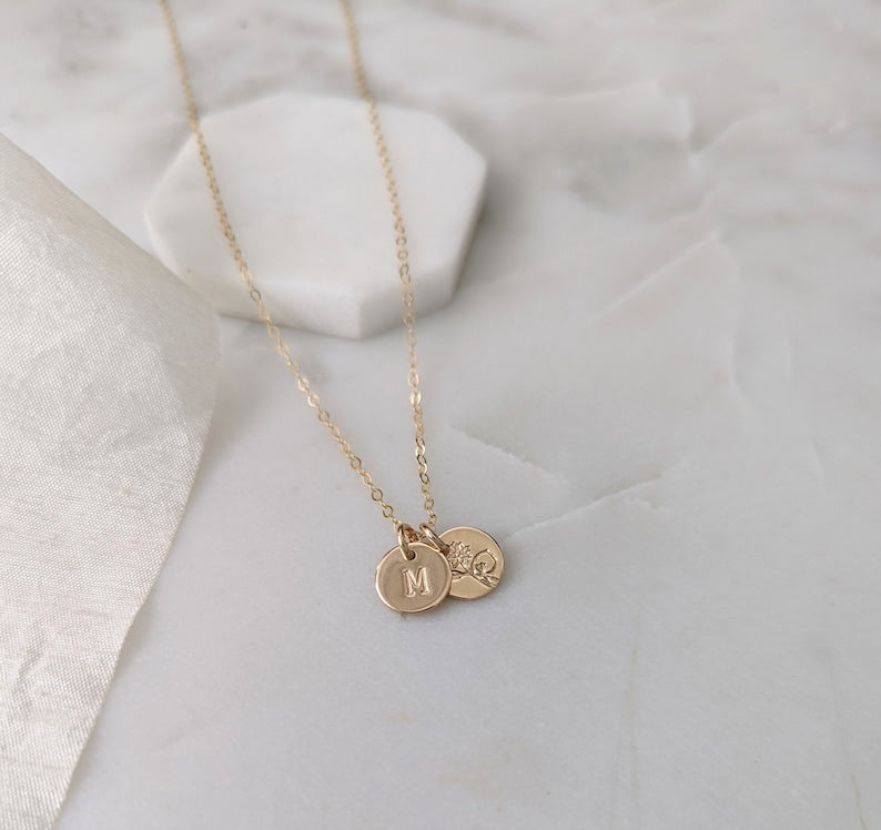 Tiny Initial Birth Flower Necklace
