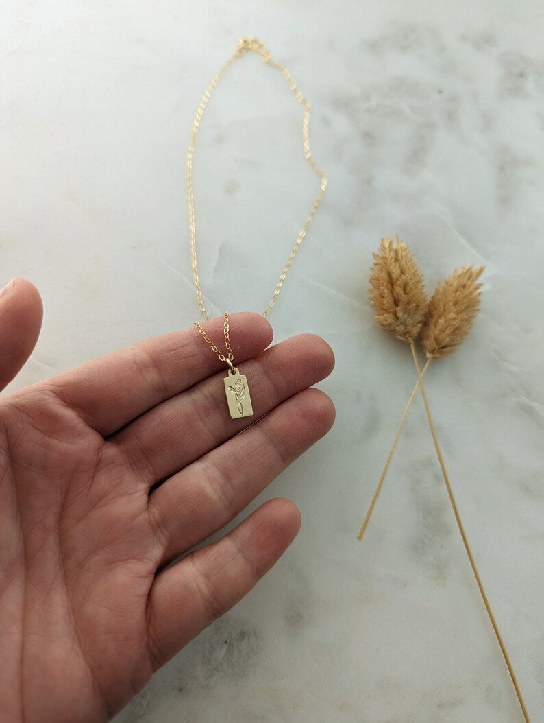 Custom Birth flower Charm Necklace, Tiny Tag Necklace, 14k Gold Fill