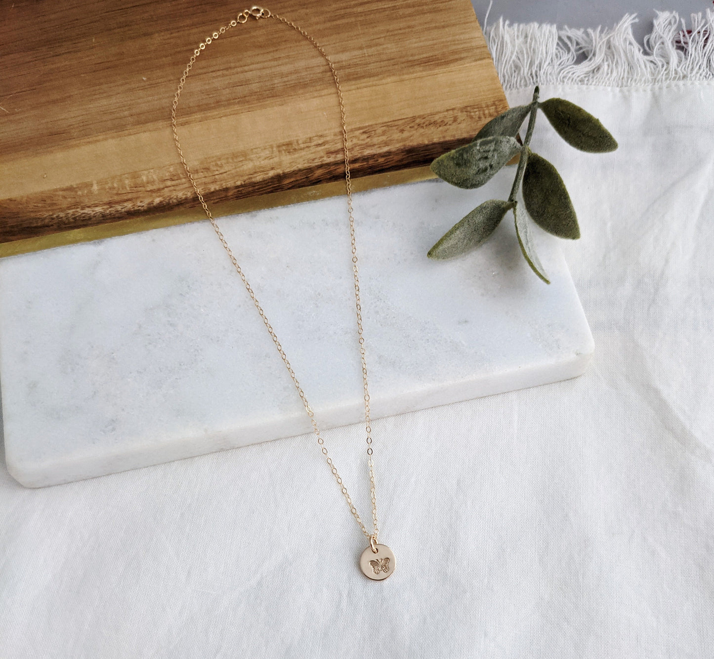 Tiny Butterfly Necklace | Tiny Gold Disc | Butterfly Gift