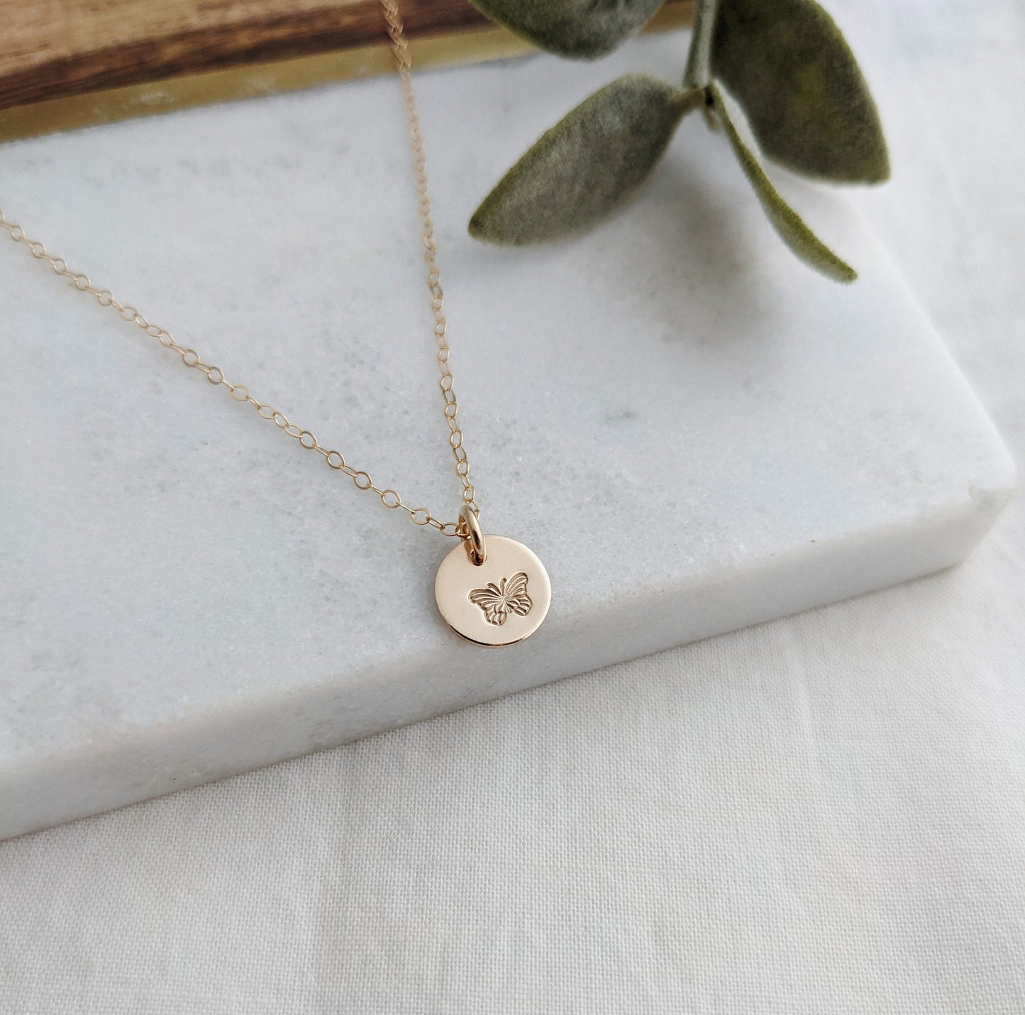 Tiny Butterfly Necklace | Tiny Gold Disc | Butterfly Gift
