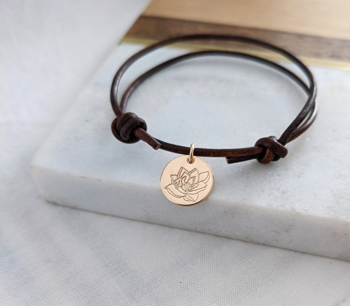 Gold Adjustable Magnolia Bracelet | Adjustable Leather Bracelet