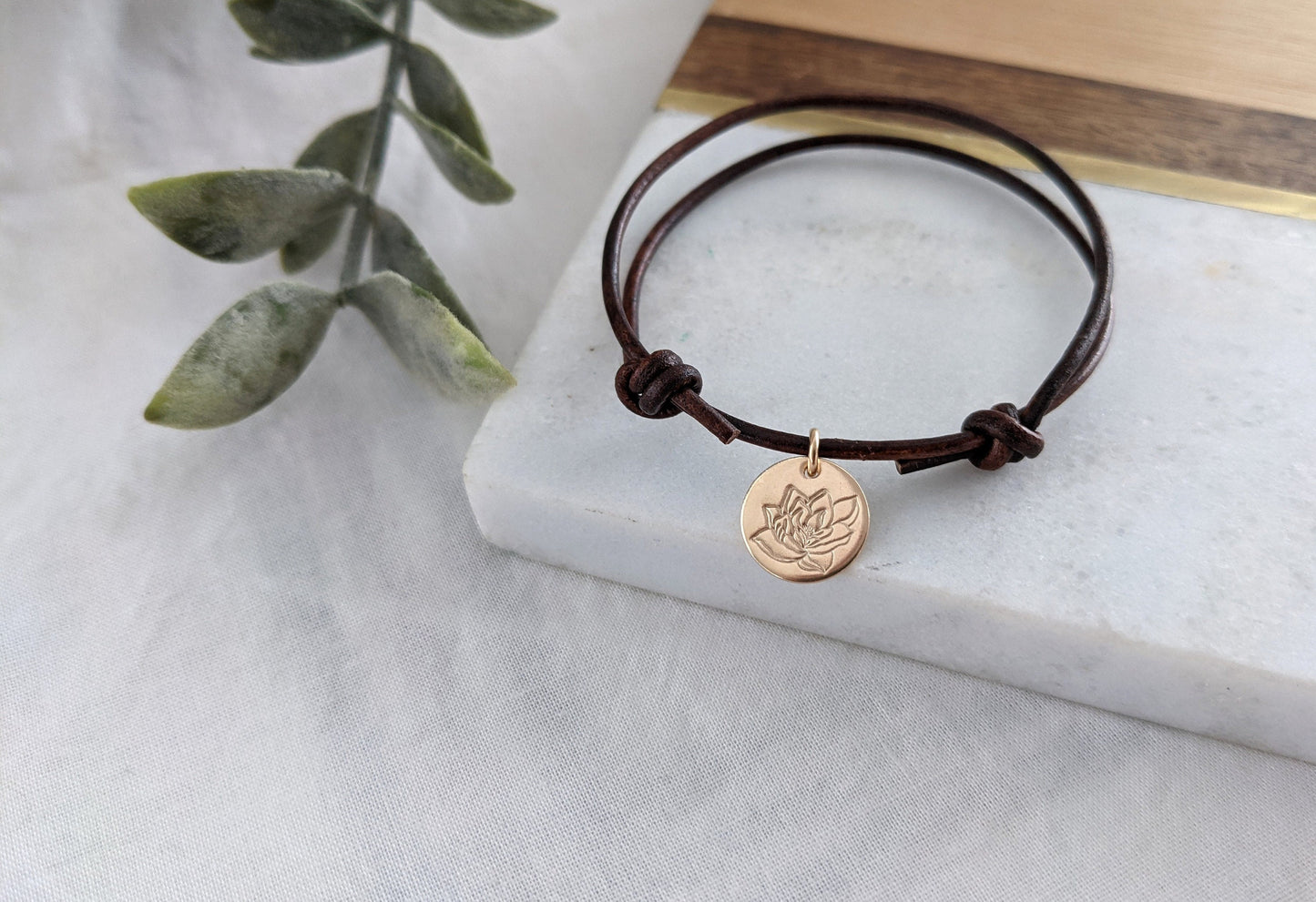 Gold Adjustable Magnolia Bracelet | Adjustable Leather Bracelet