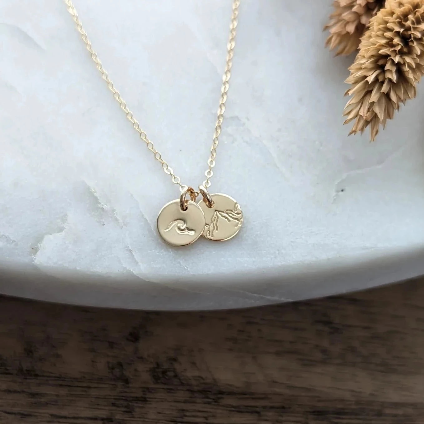 Tiny Wave and Mountain Charm Necklace, Dainty Gold Necklace, Gold Mountain Necklace, The Stamped Life