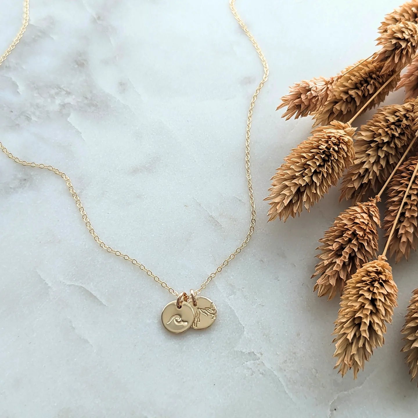 Tiny Wave and Mountain Charm Necklace, Dainty Gold Necklace, Gold Mountain Necklace, The Stamped Life