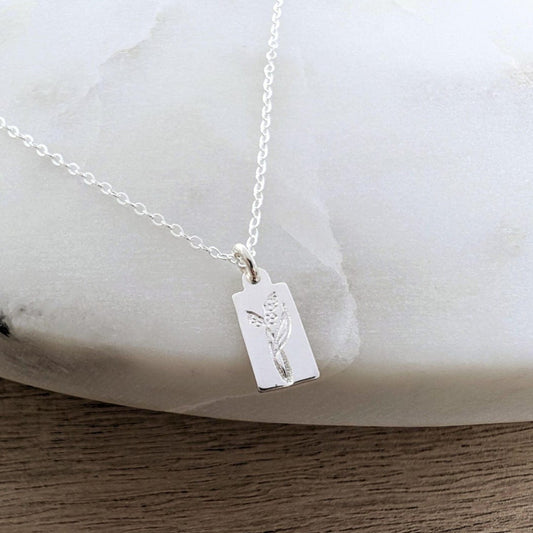 Silver Birth flower Charm Necklace, Tiny Tag Necklace, Solid Sterling Silver