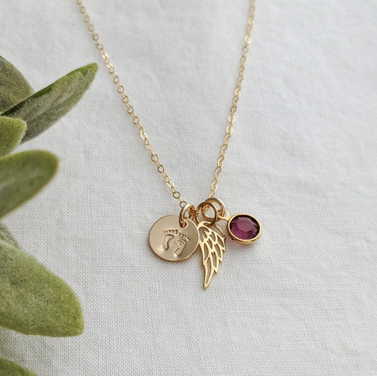 footprint wing and birthstone necklace, jewelry for infant loss or miscarriage 