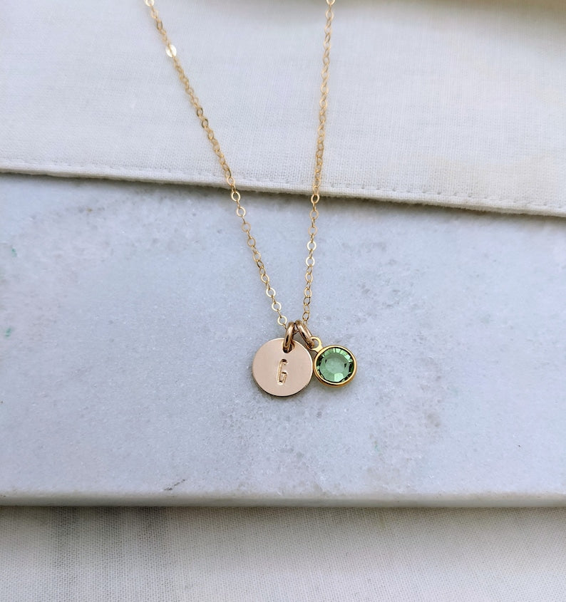 Initial and Birthstone Necklace | Initial Charm | Gift for Moms