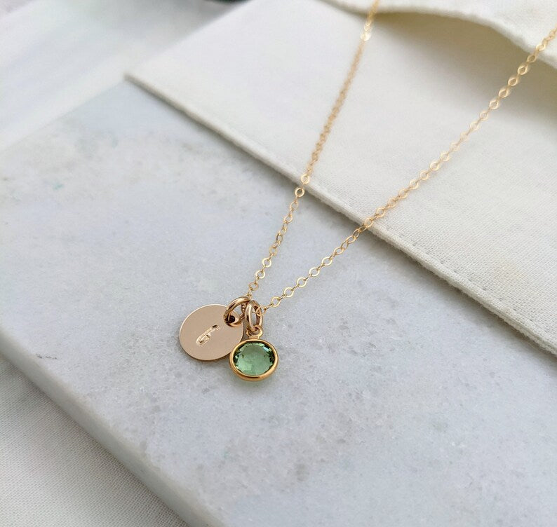 Initial and Birthstone Necklace | Initial Charm | Gift for Moms