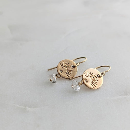 gold sun earrings with natural crystals