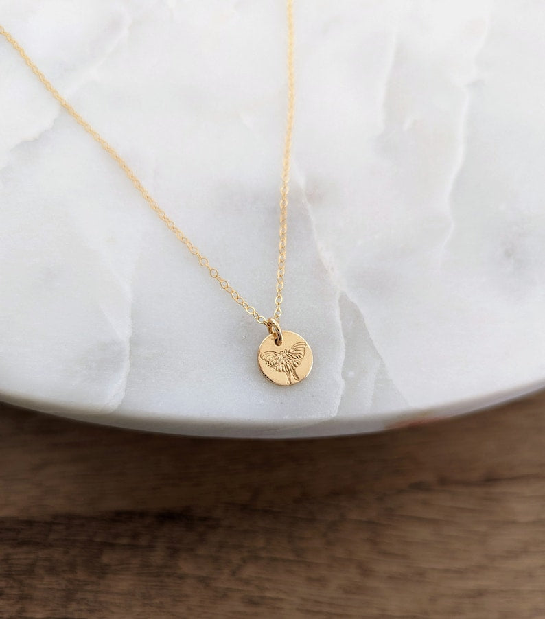 Tiny Lunar Moth Necklace | Dainty Gold Disc Necklace