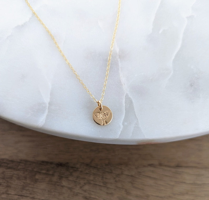 Tiny Lunar Moth Necklace | Dainty Gold Disc Necklace