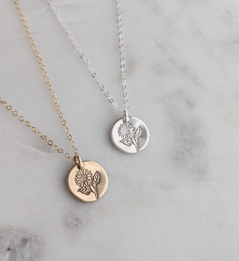 Sunflower Stem Necklace | Sterling Silver or 14k Gold