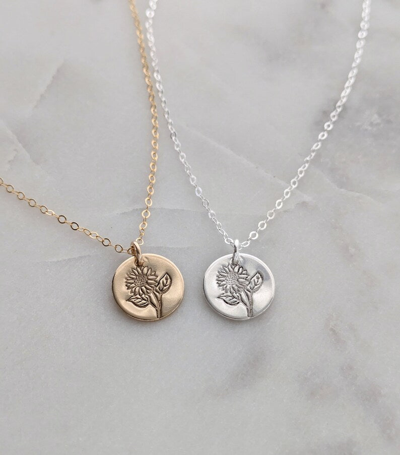 Sunflower Stem Necklace | Sterling Silver or 14k Gold