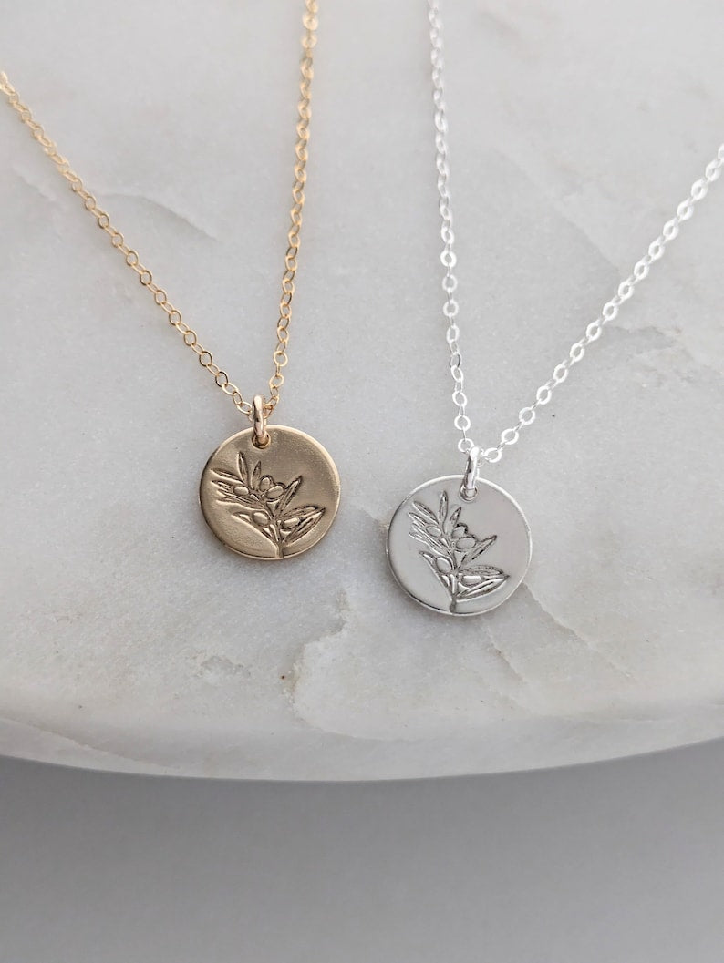 Olive Branch Necklace, Sterling Silver or 14k Gold Fill