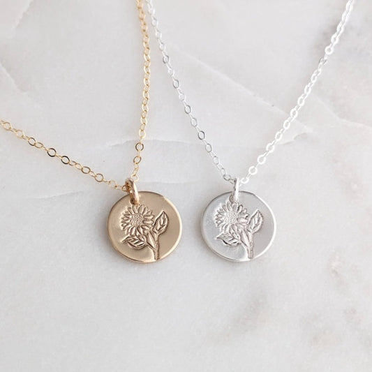 Sunflower Stem Necklace, Sterling Silver or 14k Gold