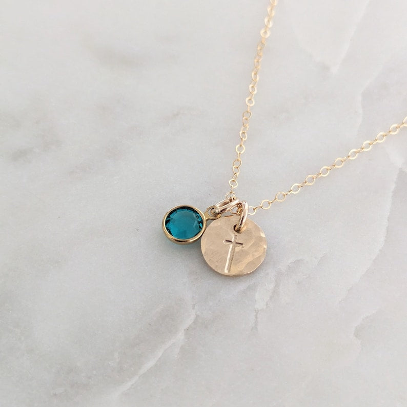 Tiny Gold Cross Necklace with Birthstone