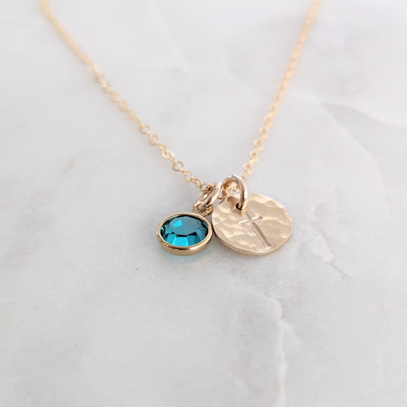 Tiny Gold Cross Necklace with Birthstone