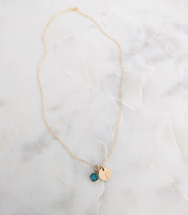 Tiny Gold Cross Necklace with Birthstone