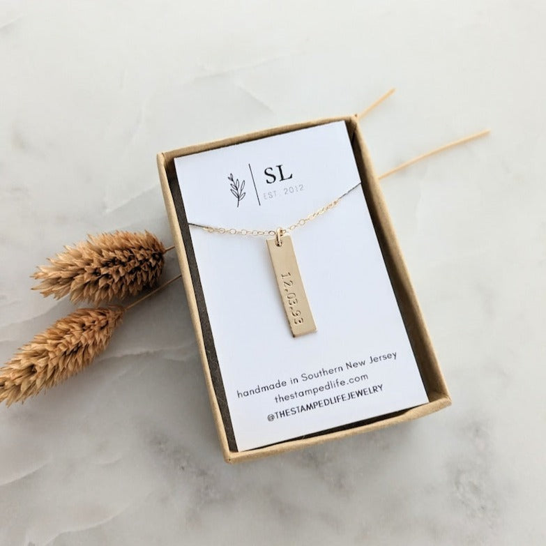 gold filled bar charm with date