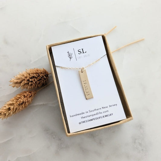 gold filled bar charm with date
