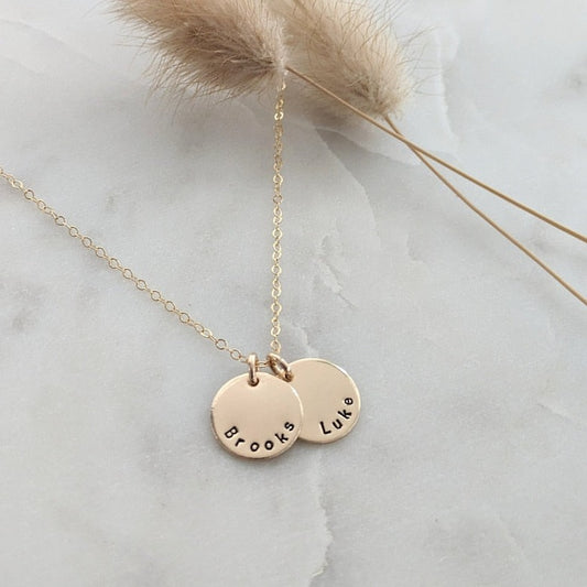 personalized necklace with gold discs and names