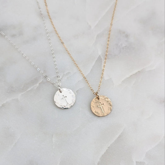 Cross Disc Necklace, Hammered Cross Necklace, Sterling Silver or 14k Gold Fill