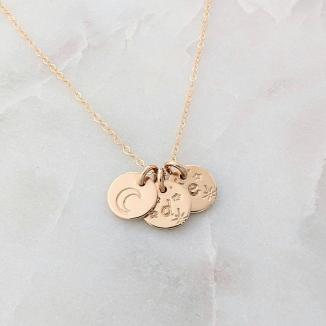 Moon and Stars Necklace, Personalized Initial Pendants, Custom Celestial Jewelry, 14k Gold Fill