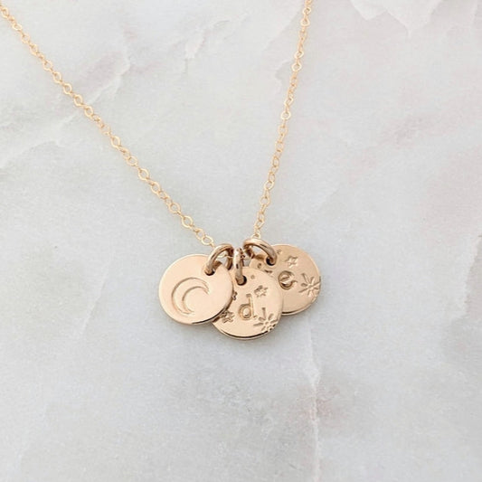 Moon and Stars Necklace, Personalized Initial Pendants, Custom Celestial Jewelry, 14k Gold Fill